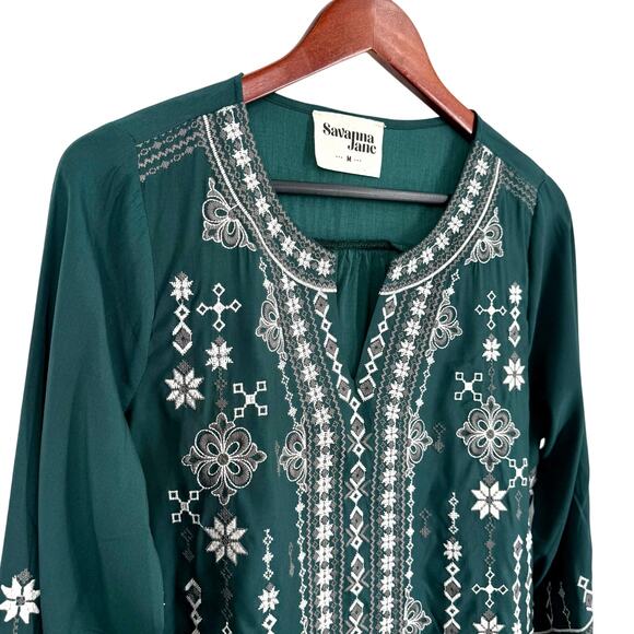 NEW NWOT Anthropologie Savanna Jane XL Green Embroidered Boho Shirt Top Holiday - Picture 3 of 8